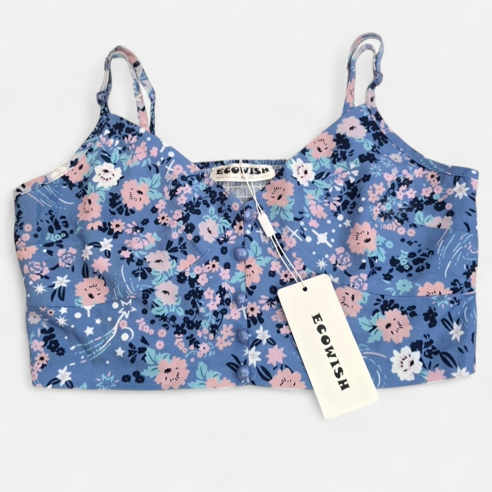 Ecowish NWT Blue Floral Cottagecore‎ Cropped Spring Tank Top M
